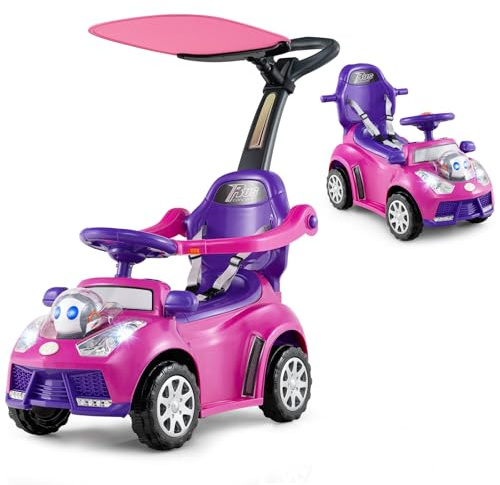GOPLUS 3-in-1 Rutschauto mit Schiebestange, Rutschfahrzeug Sound, Stauraum, Hupe, Licht, Griff & Sicherheitsgurt, Kinderauto für Kinder ab 1 Jahr (Rosa)