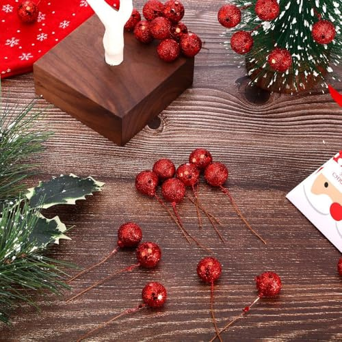 JinweiS Bayas artificiales de acebo, 100 mini decoraciones de bayas falsas de 10 mm, utilizadas para decoración de árbol de Navidad, coronas, manualidades (lentejuelas rojas)