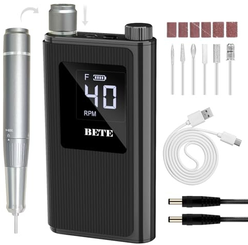 BETE professionale per unghie, 40000 giri/min, kit di lime elettriche senza fili con 6 bit, Efile ricaricabile per smalto unghie in gel acrilico, strumenti per manicure, Nero