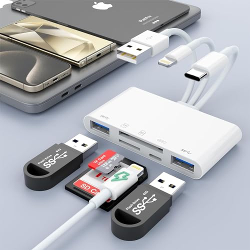 Lector de tarjetas SD 5 en 3 para iPhone iPad con USB A y puerto de carga, Lightning + USB A + USB C a lector de tarjetas de memoria SD para iPhone, iPad, disco duro, unidad flash, Android, MacBook
