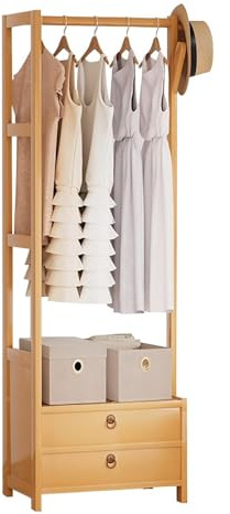 Appendiabiti in bambù con asta per appendere e ripiani portaoggetti, autoportante per armadio aperto, appendiabiti per camera da letto e corridoio, design ecologico