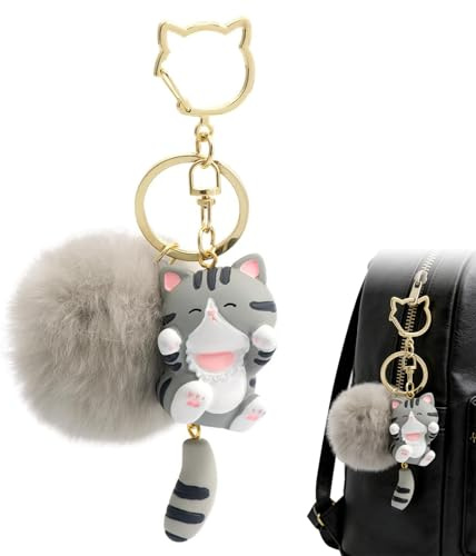 TESGADGETS Kawaii-Katzen-Schlüsselanhänger mit flauschigem Bommel, süßer Taschenanhänger für Mädchen und Frauen, Geburtstag Geschenk & Rucksackdeko, Graue Katze