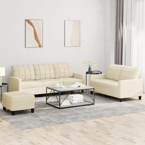 Runheo 3-TLG. Sofagarnitur, Creme Kunstleder, Robustes Gestell, Bequeme Polsterung, Wohnzimmer Möbel Set, Vielseitiger Fußhocker, Modernes Design