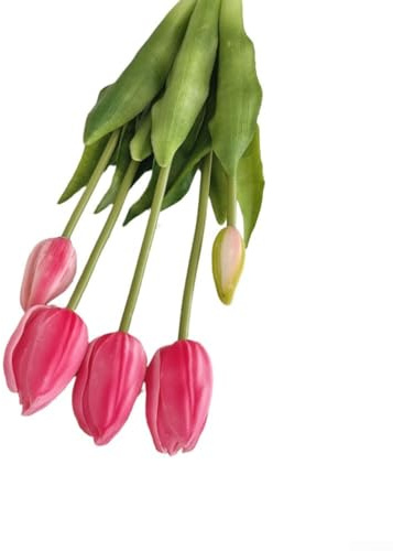 Tulipanes artificiales, paquete de 2 flores de látex de silicona de polietileno suave, tulipanes falsos realistas para sala de estar, mesa de comedor, fotografía (rosa oscuro)