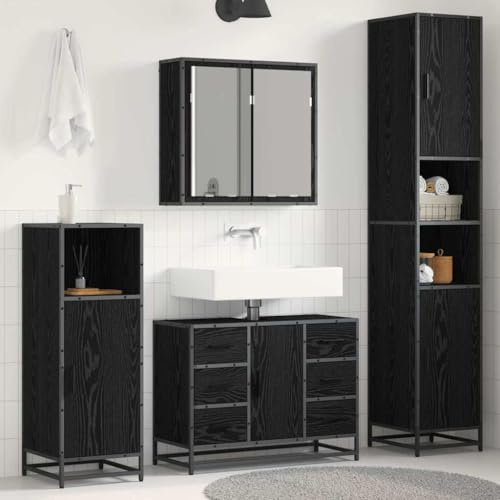 Set di mobili da bagno, 3 pezzi, rovere nero, mobile lavabo con ripostiglio sospeso in legno di ingegneria, armadio bagno moderno con ante a filo