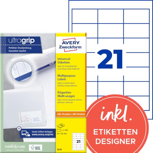 AVERY Zweckform 3670 Adressaufkleber (2.100 Klebeetiketten, 64x36mm auf A4, Papier matt, individuell bedruckbare Absenderetiketten, selbstklebende Adressetiketten mit ultragrip) 100 Blatt, weiß
