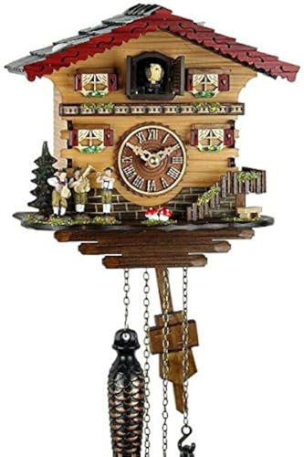 Orologio cucù al quarzo in vero legno stile Foresta Nera, funzionamento a pile, con carillon musicale, musicisti 21 cm