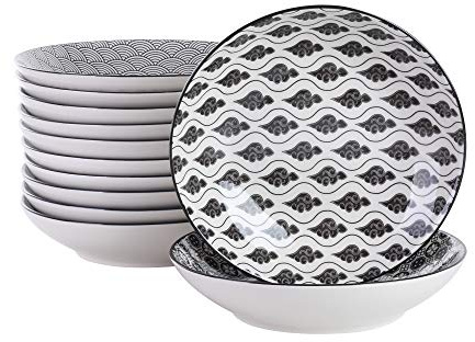 Vancasso Haruka Set 12 Pezzi Servizio da Tavola Porcellana, Set di Piatti Fondi Piatti Piatto, Piatti da Dessert Insalata Pasta Pizza Tondo Colore Verde Nera Bianca per 12 Persone