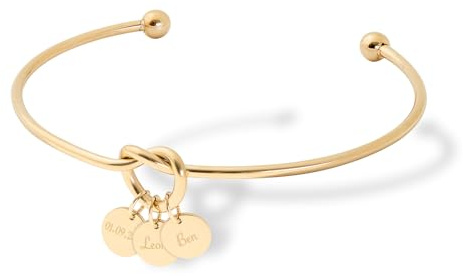 ELLA – Armreif Liebe Freundschaft Knoten mit Gravur | Drei Plättchen mit Namen | Personalisierte Geschenke für Frauen Freundinnen Geburtstag Valentinstag Jahrestag | Edelstahl | Silber, Gold, Rosé