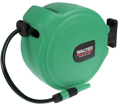 WALTER Schlauchaufroller: 20+2m PVC-Netzschlauch, automatischer Sicherheitsrückzug, 180° schwenkbare Wandhalterung, inkl. Spritzdüse & Montagezubehör, Arbeitsdruck 8 bar, für Haus & Garten