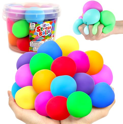 Squishy Stress Balls for Kids Adults: 18 Pack Stretchy Fidget Ball for Nervousness Stress Relief, Hand Therapy Sensory Squeeze Ball, Fidget Classroom Must Haves, Party Favors for Kids 3-12