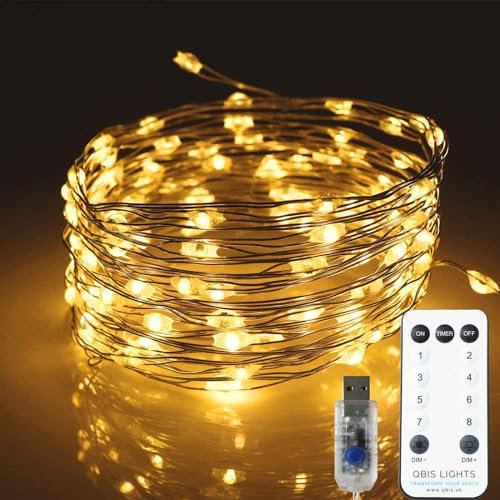 Qbis 100 Fairy Lights, 100 Micro LED String Lights, Remote Control, USB Plug, Timer, Multi Function, Adjust Brightness, Micro LED String Lights (Warm White)