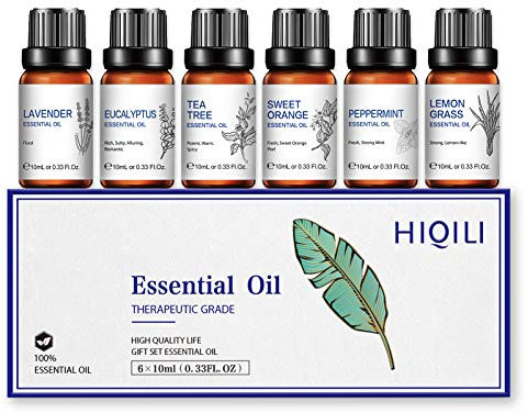 HIQILI Set de Aceites Esenciales para Difusor 6x10ml,para Aromaterapia,Humidificadores,Velas DIY,Masajes y Limpieza,Incluye Lavanda, Árbol de Té,Eucalipto,Menta,Naranja Dulce y Citronela