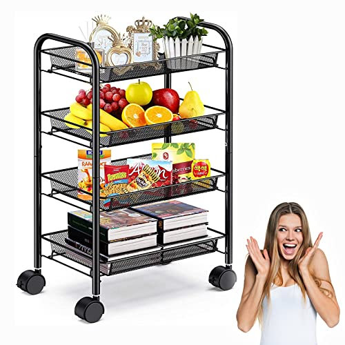 SRHWBF Carrello Pieghevole a 3/4 Livelli in Metallo Carrello Portaoggetti Multifunzione Carrello da Cucina Facile da Montare con Ruote per Cucina Casa Ufficio Esterno (4 Floors)