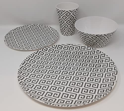 Foglish 16pc Set Melamine Plates Bowls Tumblers Camping Home Outdoor Dining Picnics (4 x 11inch Plates, 4 x 8inch Plates, 4 x 6inch Bowls & 4 x 32ml Tumblers) (Geometric)
