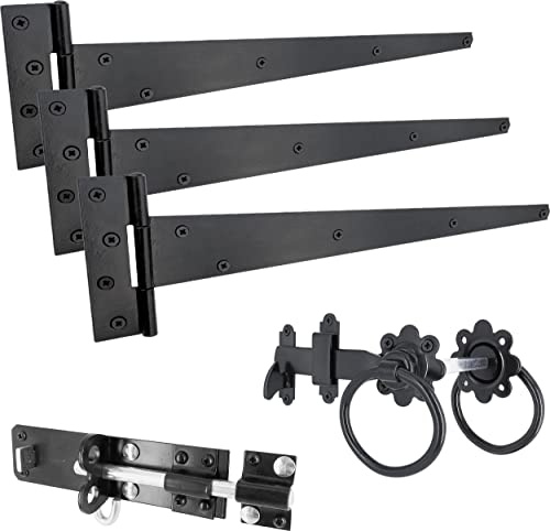 IRONTITE® Schwarzes Torriegel-Set mit 450 mm T-Scharnieren und Brenton-Bolzen. Gartentorscharniere für Holztore, Brenton Gartentorriegel und Ringtorriegel