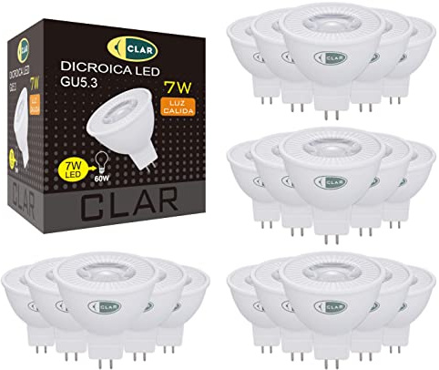 CLAR - Bombilla LED 12V, GU5.3, MR16, Dicroica 12V, Pack 20