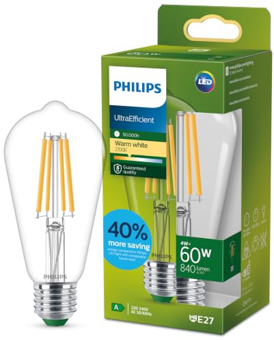 Philips LED Classic ultraeffiziente E27 Lampe in Edison-Form (60 W), LED Lampe mit warmweißem Licht, energiesparende Lampe mit langer Nutzlebensdauer, Energieeffizienzklasse A