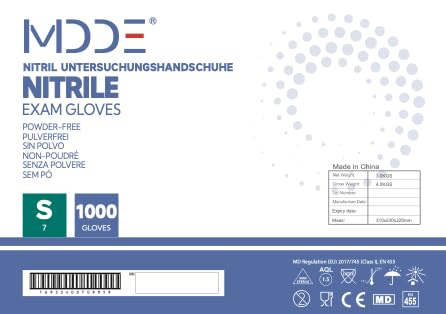 Gants jetables en nitrile sans poudre, sans latex, hypoallergéniques, taille S, bleu, 1000
