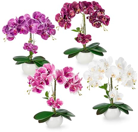 PASCH Ensemble de 4 orchidées artificielles en pots en céramique brillante (40 cm), fleurs artificielles en pot, fleurs artificielles comme de vraies, orchidées artificielles en pot, fleurs