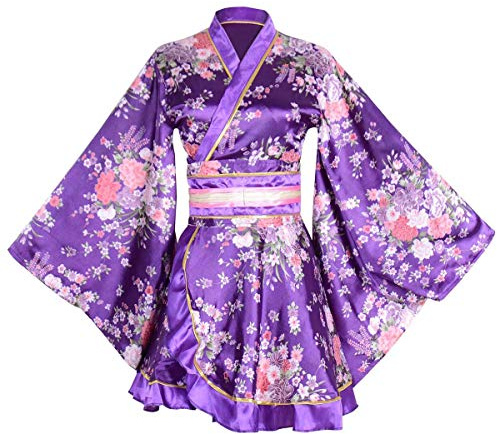 Kimono corto sexy da donna, per adulti, con stampa yukata giapponese, abito da geisha yukata, con cintura Obi, Viola, Taglia unica