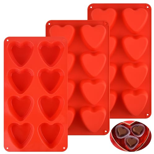 3 PCS Heart Molds Silicone 8 Cavities Heart Shaped Cupcake Pan for Baking Food Grade Muffin Pan Easy Clean Candles Epoxy Resin Valentine Craft for Making Chocolate, Candy, Soap and Jelly (Red)