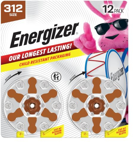 Energizer Size 312 Hearing Aid Batteries, Brown Tab Hearing Aid Batteries Size 312, 12 Count