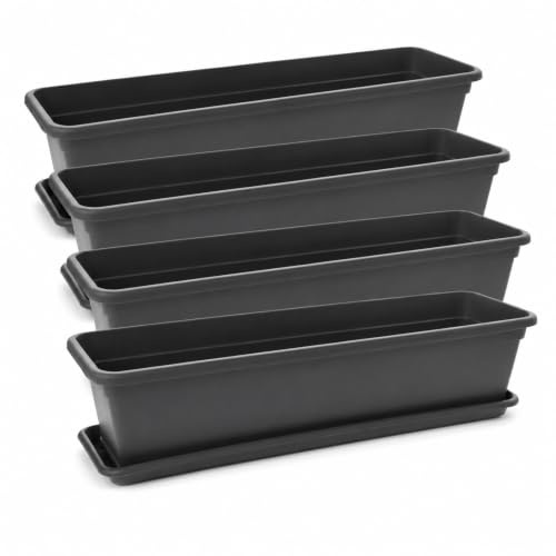 SUSTANIA Blumenkasten 80cm 4er Set mit Untersetzer – Balkon Blumenkasten Anthrazit, Balkonkasten Kunststoff UV-beständig, Blumenkästen für Balkongeländer & Fensterbank, Made in EU