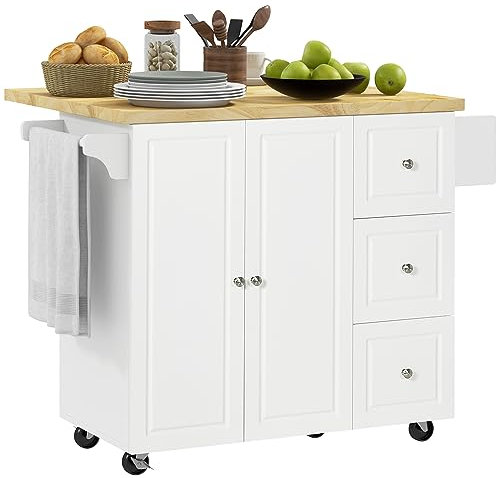 HOMCOM Kitchen Island on Wheels, Rolling Kitchen Storage Trolley with Drop Leaf, Rubber Wood Top, Drawers, Adjustable Shelf, Towel and Spice Rack for Dining Room, White
