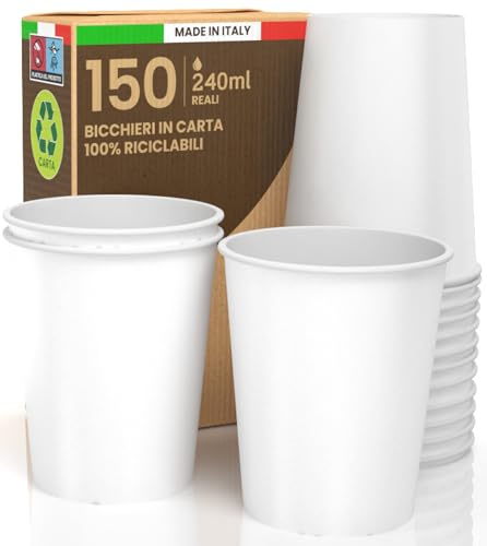 Baciato Caffè 150 Bicchieri in Carta Bianchi 240ml Made in Italy - Monouso Ecologici Biodegradabili da Asporto per Bevande Calde Acqua e Bibite - Prodotto e confezionato in Italia