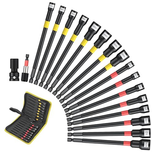 AMTOVL 16 Stücke Magnetischer Schraubendreher-Satz Magnet Stecknuss Set 6-14mm Steckschlüsselsatz 1/4''-9/16'' Steckschlüssel Set mit 2 Adapter für Akkuschrauber Schlagbohrschrauber