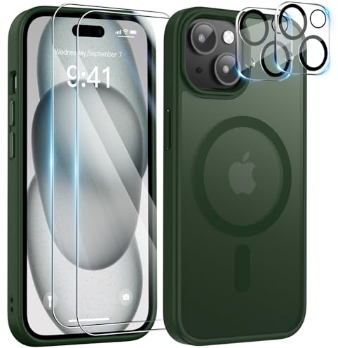 YisrLery 5-in-1 Kompatibel mit iPhone 15 Hülle für Mag Safe mit 2 Stück Schutzfolie und 2 Stück Kameraschutz Militärnorm Schutz, PC Kratzresistente Rückseite Stoßfest Magnetische Hülle(Dunkelgrün)