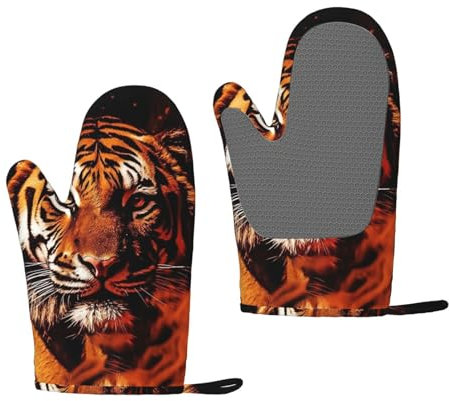 Silikon Ofenhandschuhe 2 Stück Tiger im Feuer Ofenhandschuhe für Damen Herren Hitzebeständige Grillhandschuhe Wasserdicht rutschfest BBQ Handschuhe für Küche Kochen