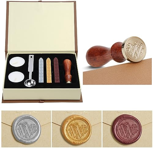 Siegelwachs-Set,Classical Old-Fashioned Antique Wax Stamp Seal Kit Initial Letters Alphabet Set Gift Box with Vintage Wooden Handle and Brass Color Head, Siegelstempel-Wachsset, Geschenkbox (W)