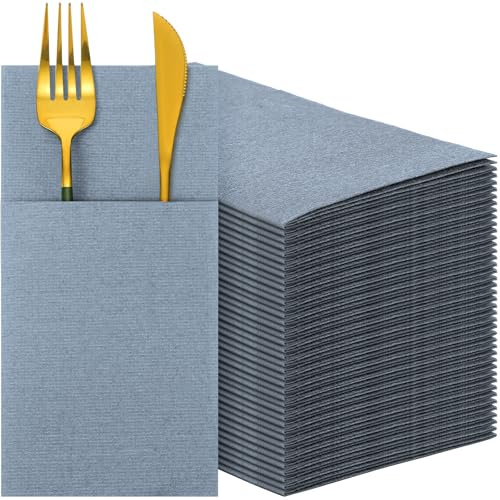 Qilery 200 stycken servetter, engångs flyghjälps-pappersservetter med inbyggd bestickficka för silver, alla hjärtans dag, bröllopsfest, jul (dammigblå)
