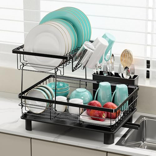 MAJALiS Escurridor de Platos de 2 Niveles, Escurreplatos de Cocina de Acero Inoxidable con Soporte para Utensilios, Escurridor de Platos para Fregadero Negro con Drenaje