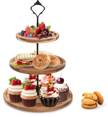 BSDLZCH 3 Tier Cake Stand Acacia Wooden Cupcake Stand, Afternoon Tea Serving Plate, Can be Used as 3 Tier, 2 Tier & Single Tier Stand As Your Need, For Wedding Birthday Graduation Afternoon Tea Party