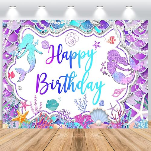 ASDCXZ Sfondo di Compleanno Sirena 2.2x1.5m, Sotto il Mare Lucido Viola Turchese Squame di Sirena Corallo Fotografia Sfondo Principessa Bambina 1° Compleanno Festa Decorazione Banner Studio Props