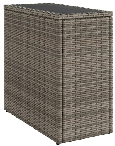 Myheimly Garten-Beistelltisch mit Glasplatte, Couchtisch Kaffeetisch für Terrasse Garten, Tisch Balkontisch Gartenmöbel, Grau 58x27,5x55 cm Rattan