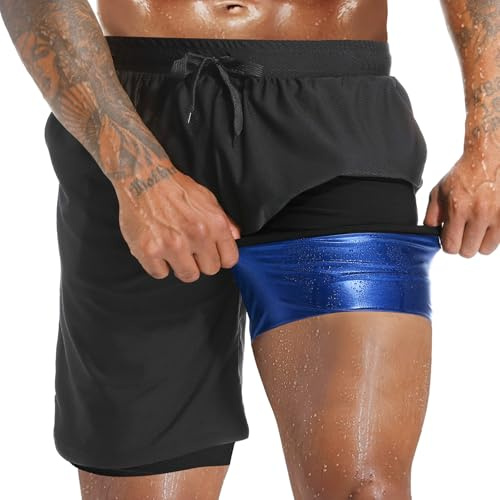 Everfion Short de sauna 2 en 1 pour homme - Doublure de compression - Pantalon d'entraînement athlétique avec poches, Noir (intérieur bleu), X-Large