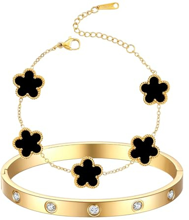 18K Vergoldet Vierblättriges Kleeblatt Armband,Vergoldet Vierblättriges Kleeblatt Anhänger Halskette,Gold Armband Cubic Zirkonia Armreif,Schmuck Set für Geschenke Geburtstags,Valentinstag,Muttertag