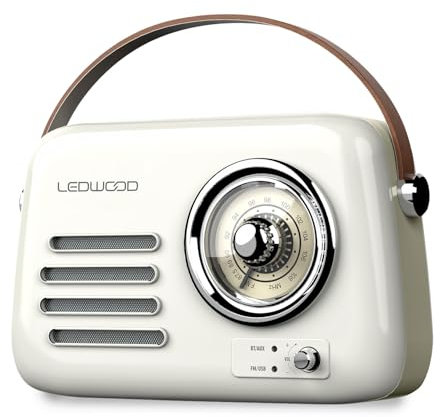 Radio Rétro Portable Ledwood Alma, FM, Bluetooth 5.3 Entrée USB, Puissance 30W - Batterie 3,7V-1500mAh - Retro Vintage - Blanc