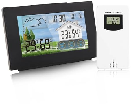 SMTYXS Previsioni Meteo Wireless for Stazione Meteorologica con Touch Screen da Esterno Termometro di Ricarica USB for Interni Igrometro con Sensore