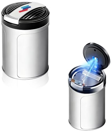 Erivis Car Ashtray with Lid for Car Cup Holder Smell Proof with Auto LED Light for BMW X3 X5 X1 4 3 5 Series Accessories, Removable Portable Smokeless Ash Tray Stainless Steel Inner(Long-3.74in)