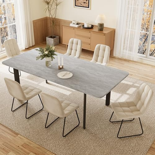 JIEXI Esstisch Mit 4-8 Stühlen Set, Essgruppe Tisch Ausziehbar, Moderner, Stilvoller MDF-Platten Esstisch Für Das Wohnzimmer (160-200cm Tisch + 6 beige Stühle mit U-förmigen Beinen)