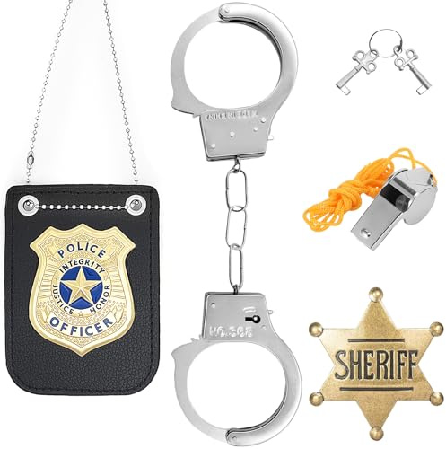 AURIXOEU 5 Pièces Police Equipement Accessoires Enfant, Ensemble D'accessoires de Déguisement de Police, Avec Badges, Menottes, Clés, Sifflet, Broche, pour Cosplay, Carnaval Vetement Fête Halloween