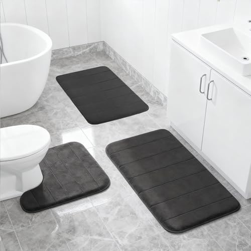 LUPATDY 3 Teilig Badezimmerteppich Set, Badteppich rutschfest Waschbar, Mikrofaser Badezimmerteppich und U Förmige WC Vorleger, Badezimmer Teppich für Dusche, WC & Badewanne, Schwarz