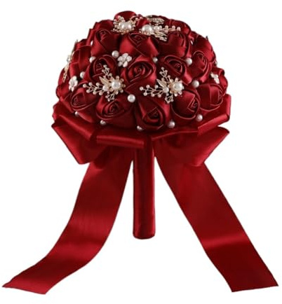Generico Brautstrauß aus Satin, weinrot, mit Perlen, für Hochzeit, Geburtstag, Valentinstag