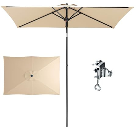 PHI VILLA 210x140x220cm Sonnenschirm Eckig mit Klemme, Gartenschirm Kippbar Windfest Stabil zum Mitnehmen, UV50+ Schutz für Balkon Terrasse Balkongeländer Tisch, Beige