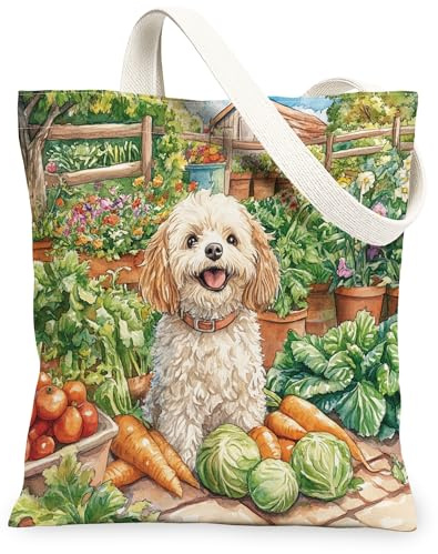 Spring Cavachon Dog Gardening Canvas Tote Bag for Shopping 13x15, Puppy Farmhouse Country Reusable Grocery Print Pattern Bag for Women, Planting Aesthetic Painting Gift Decor